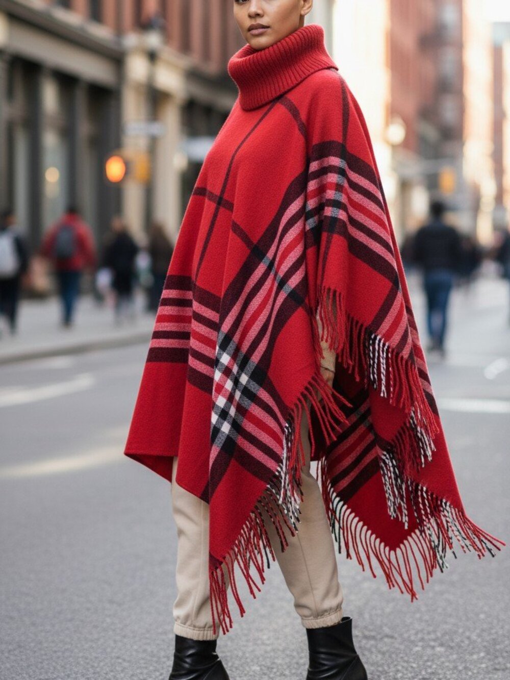 DESIGNER TABOTS RED MULTI COLOR HIGH NECK PLAID FRINGE PONCHO M/L
